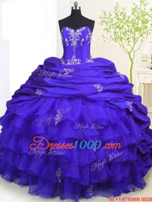 Royal Blue Ball Gowns Beading and Appliques and Ruffled Layers and Pick Ups Quinceanera Gown Lace Up Organza and Taffeta Sleeveless With Train