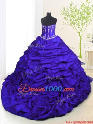 Royal Blue Ball Gowns Beading and Appliques and Ruffled Layers and Pick Ups Quinceanera Gown Lace Up Organza and Taffeta Sleeveless With Train