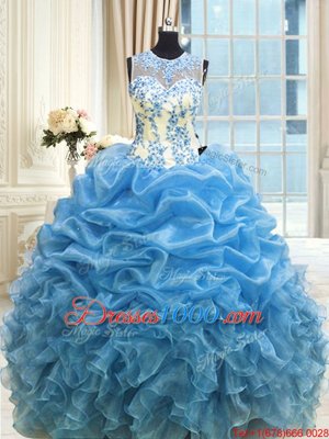 Scoop Sleeveless Sweet 16 Quinceanera Dress Floor Length Beading and Ruffles Baby Blue Organza