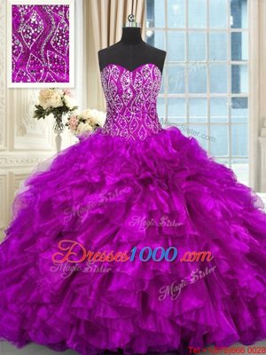 Exquisite Organza Sweetheart Sleeveless Brush Train Lace Up Beading and Ruffles Sweet 16 Dresses in Purple