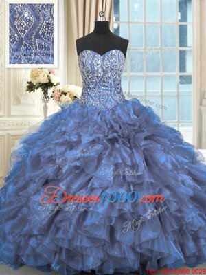 Chic Blue Organza Lace Up Sweetheart Sleeveless Quince Ball Gowns Brush Train Beading and Ruffles