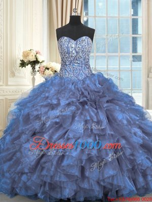 Chic Blue Organza Lace Up Sweetheart Sleeveless Quince Ball Gowns Brush Train Beading and Ruffles