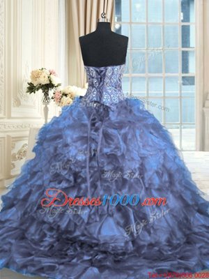 Chic Blue Organza Lace Up Sweetheart Sleeveless Quince Ball Gowns Brush Train Beading and Ruffles