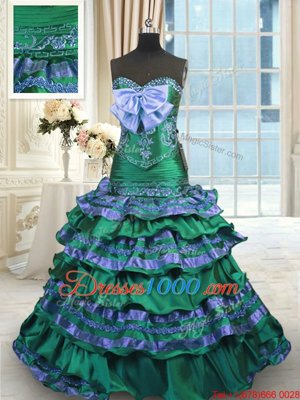 Appliques and Embroidery and Ruffled Layers and Bowknot Quince Ball Gowns Dark Green Lace Up Sleeveless Brush Train