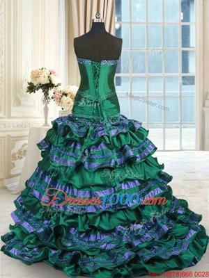 Appliques and Embroidery and Ruffled Layers and Bowknot Quince Ball Gowns Dark Green Lace Up Sleeveless Brush Train