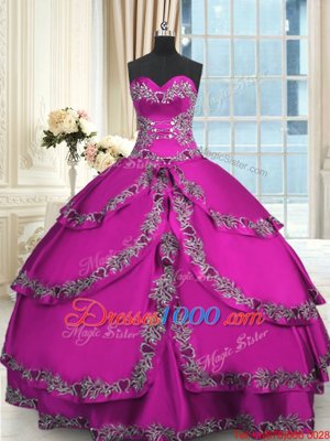 Fuchsia Taffeta Lace Up Sweetheart Sleeveless Floor Length 15th Birthday Dress Beading and Embroidery