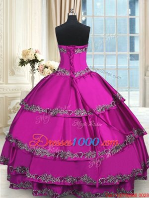 Fuchsia Taffeta Lace Up Sweetheart Sleeveless Floor Length 15th Birthday Dress Beading and Embroidery