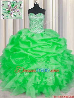 Sleeveless Floor Length Beading and Ruffles Lace Up 15th Birthday Dress with Green