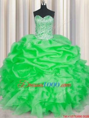 Sleeveless Floor Length Beading and Ruffles Lace Up 15th Birthday Dress with Green
