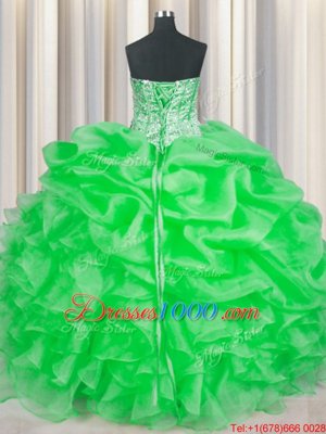 Sleeveless Floor Length Beading and Ruffles Lace Up 15th Birthday Dress with Green