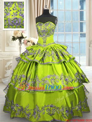 Stylish Sweetheart Sleeveless Sweet 16 Quinceanera Dress Floor Length Embroidery and Ruffled Layers Yellow Green Taffeta