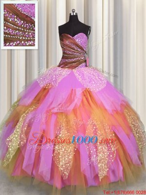 Popular Multi-color Ball Gowns Beading and Ruching Vestidos de Quinceanera Lace Up Tulle Sleeveless Floor Length