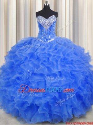 Sweet Royal Blue Sleeveless Floor Length Beading and Ruffles Lace Up 15 Quinceanera Dress