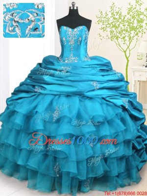 With Train Lace Up Sweet 16 Dress Teal and In for Military Ball and Sweet 16 and Quinceanera with Beading and Appliques and Ruffled Layers and Pick Ups Brush Train