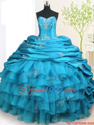 With Train Lace Up Sweet 16 Dress Teal and In for Military Ball and Sweet 16 and Quinceanera with Beading and Appliques and Ruffled Layers and Pick Ups Brush Train