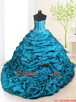 With Train Lace Up Sweet 16 Dress Teal and In for Military Ball and Sweet 16 and Quinceanera with Beading and Appliques and Ruffled Layers and Pick Ups Brush Train