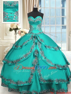 Fantastic Turquoise Ball Gowns Beading and Embroidery and Ruffled Layers Sweet 16 Quinceanera Dress Lace Up Taffeta Sleeveless Floor Length