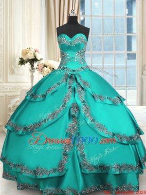 Fantastic Turquoise Ball Gowns Beading and Embroidery and Ruffled Layers Sweet 16 Quinceanera Dress Lace Up Taffeta Sleeveless Floor Length