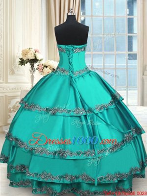 Fantastic Turquoise Ball Gowns Beading and Embroidery and Ruffled Layers Sweet 16 Quinceanera Dress Lace Up Taffeta Sleeveless Floor Length