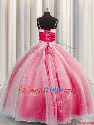 Exquisite Coral Red Sleeveless Beading and Sequins and Ruching Floor Length 15 Quinceanera Dress