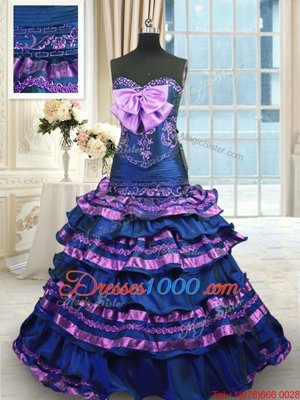 Stylish Navy Blue Sweetheart Neckline Appliques and Ruffled Layers and Bowknot Quinceanera Dresses Sleeveless Lace Up