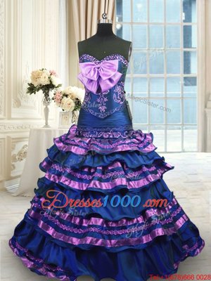 Stylish Navy Blue Sweetheart Neckline Appliques and Ruffled Layers and Bowknot Quinceanera Dresses Sleeveless Lace Up