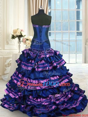 Stylish Navy Blue Sweetheart Neckline Appliques and Ruffled Layers and Bowknot Quinceanera Dresses Sleeveless Lace Up