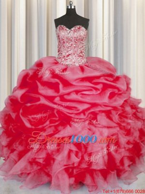 Stunning Sweetheart Sleeveless Sweet 16 Dress Floor Length Beading and Ruffles and Pick Ups Coral Red Organza