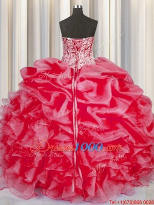 Stunning Sweetheart Sleeveless Sweet 16 Dress Floor Length Beading and Ruffles and Pick Ups Coral Red Organza