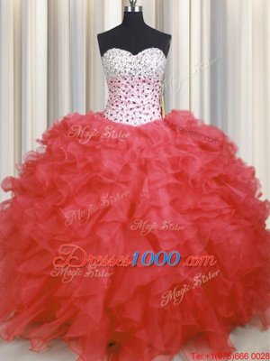 Dramatic Watermelon Red Organza Lace Up Sweet 16 Quinceanera Dress Sleeveless Floor Length Beading and Ruffles