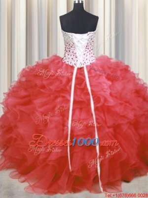 Dramatic Watermelon Red Organza Lace Up Sweet 16 Quinceanera Dress Sleeveless Floor Length Beading and Ruffles