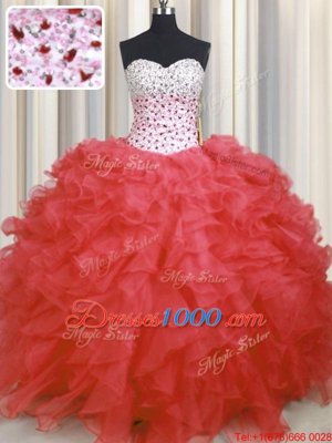 Dramatic Watermelon Red Organza Lace Up Sweet 16 Quinceanera Dress Sleeveless Floor Length Beading and Ruffles