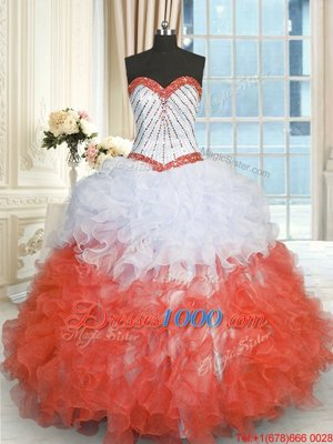 Sweetheart Sleeveless Lace Up 15th Birthday Dress White And Red Organza