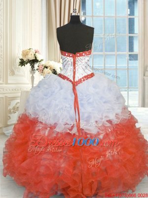 Sweetheart Sleeveless Lace Up 15th Birthday Dress White And Red Organza