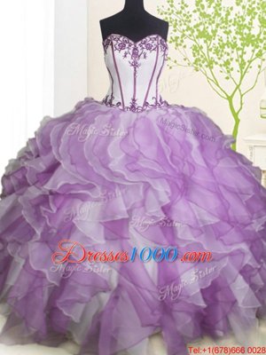 Sleeveless Organza Floor Length Lace Up Quinceanera Gowns in White And Purple for with Beading and Ruffles