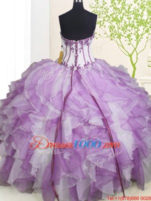 Sleeveless Organza Floor Length Lace Up Quinceanera Gowns in White And Purple for with Beading and Ruffles