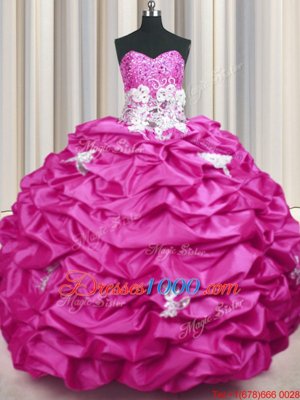 Beautiful Sequins Pick Ups Sweep Train Ball Gowns Ball Gown Prom Dress Fuchsia Sweetheart Taffeta Sleeveless With Train Lace Up