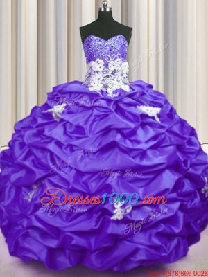 Designer Purple Sleeveless With Train Appliques and Sequins and Pick Ups Lace Up Quinceanera Gown