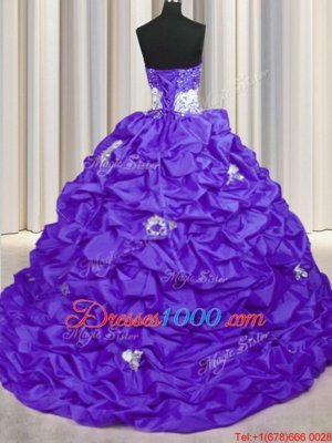 Designer Purple Sleeveless With Train Appliques and Sequins and Pick Ups Lace Up Quinceanera Gown