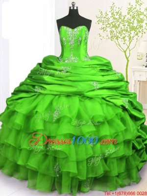 Glamorous Green Organza and Taffeta Lace Up Strapless Sleeveless With Train 15 Quinceanera Dress Brush Train Beading and Appliques and Ruffled Layers and Pick Ups