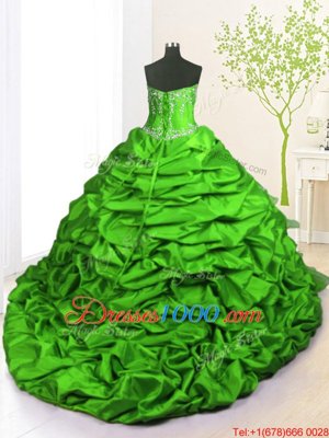 Glamorous Green Organza and Taffeta Lace Up Strapless Sleeveless With Train 15 Quinceanera Dress Brush Train Beading and Appliques and Ruffled Layers and Pick Ups