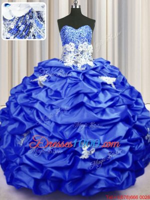 Sequins Pick Ups Royal Blue Sleeveless Taffeta Brush Train Lace Up Sweet 16 Quinceanera Dress for Military Ball and Sweet 16 and Quinceanera