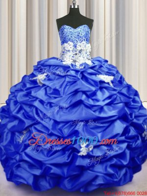 Sequins Pick Ups Royal Blue Sleeveless Taffeta Brush Train Lace Up Sweet 16 Quinceanera Dress for Military Ball and Sweet 16 and Quinceanera