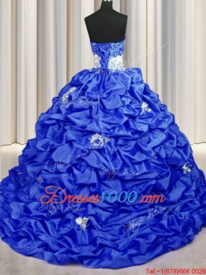 Sequins Pick Ups Royal Blue Sleeveless Taffeta Brush Train Lace Up Sweet 16 Quinceanera Dress for Military Ball and Sweet 16 and Quinceanera