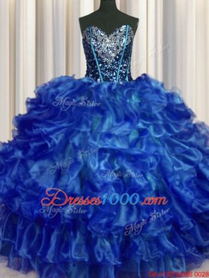 Hot Sale Sweetheart Sleeveless Sweet 16 Dresses Floor Length Beading and Ruffles Royal Blue Organza