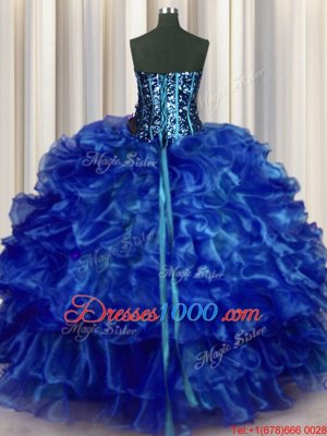 Hot Sale Sweetheart Sleeveless Sweet 16 Dresses Floor Length Beading and Ruffles Royal Blue Organza