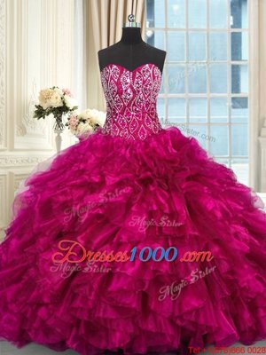 Fuchsia Sleeveless Organza Brush Train Lace Up Vestidos de Quinceanera for Military Ball and Sweet 16 and Quinceanera