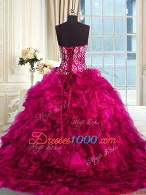 Fuchsia Sleeveless Organza Brush Train Lace Up Vestidos de Quinceanera for Military Ball and Sweet 16 and Quinceanera