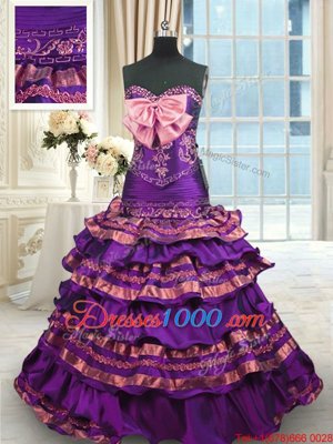 Fine Purple Quince Ball Gowns Military Ball and Sweet 16 and Quinceanera and For with Appliques and Ruffled Layers and Bowknot Sweetheart Sleeveless Brush Train Lace Up