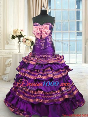 Fine Purple Quince Ball Gowns Military Ball and Sweet 16 and Quinceanera and For with Appliques and Ruffled Layers and Bowknot Sweetheart Sleeveless Brush Train Lace Up